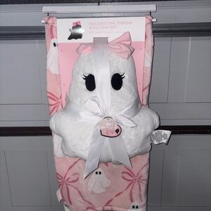 Pink and White Ghost Throw and Pillow Set